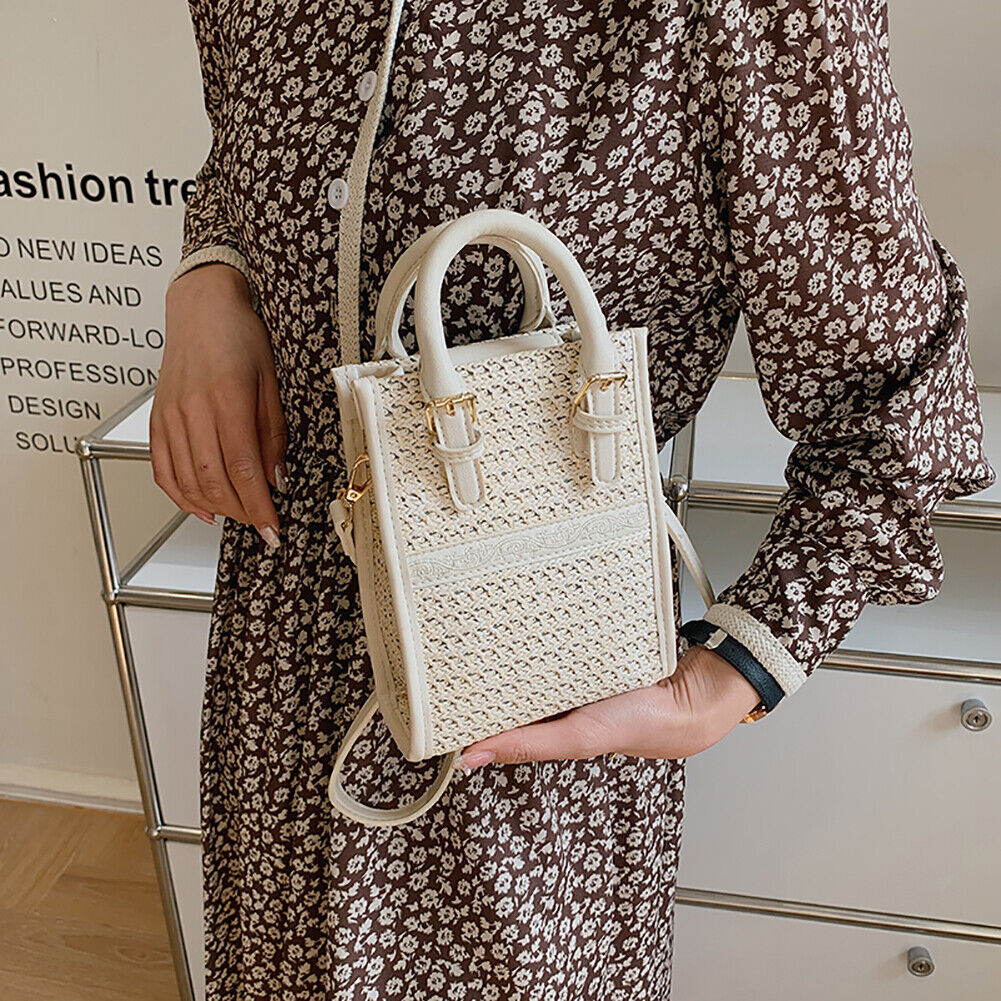 Women Straw Crossbody Bag Boho Beach Hand Woven Purses Tote Handbag (White)