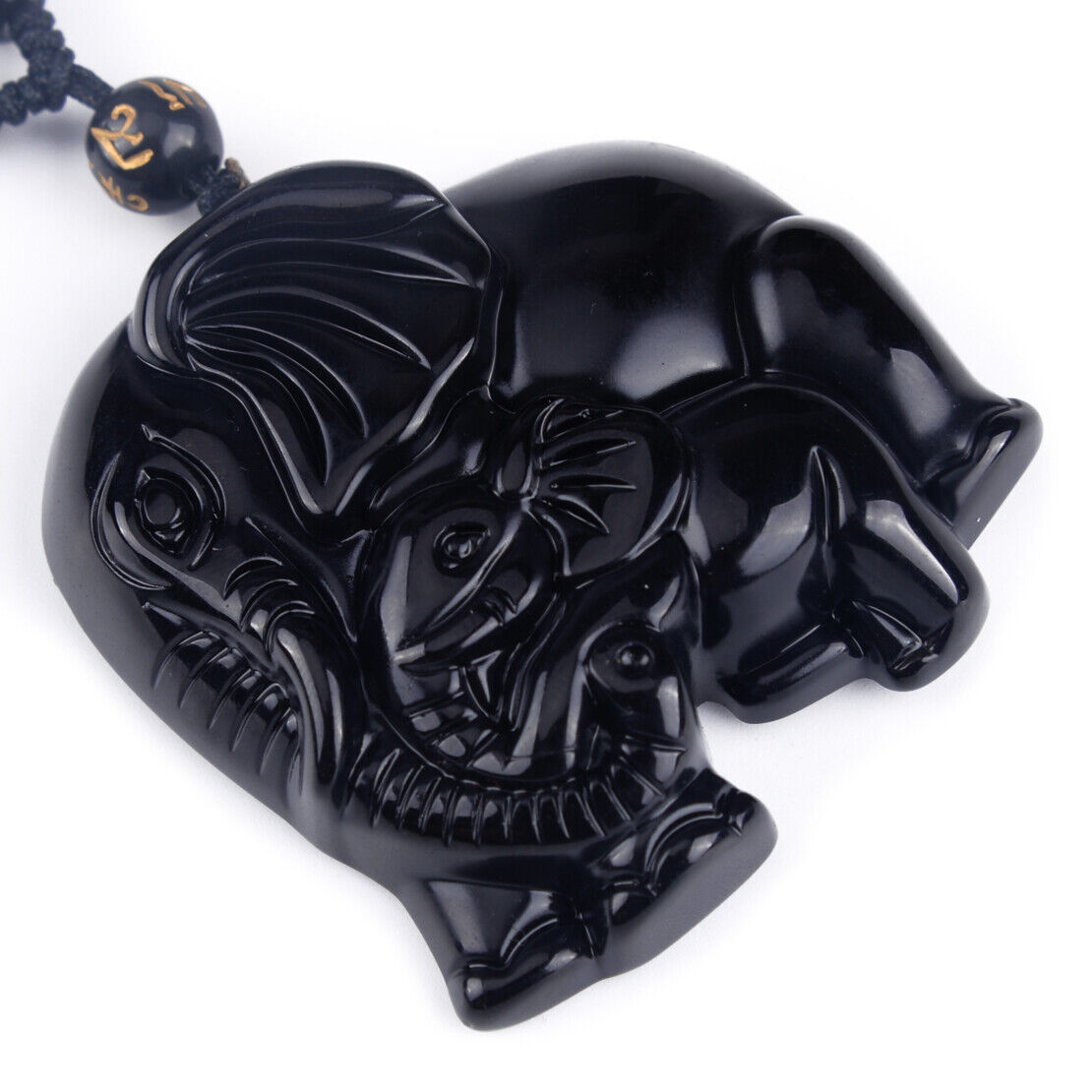 Natural Obsidian Stone Carved Cute Elephant Lucky Pendant Beads Necklace li