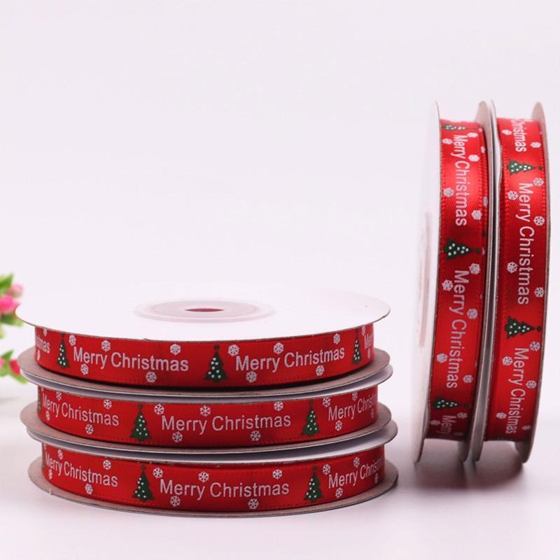 10 Rolls 25 Yards Christmas Tree Snowflake Printing Red Ribbon DIY Xmas Decor