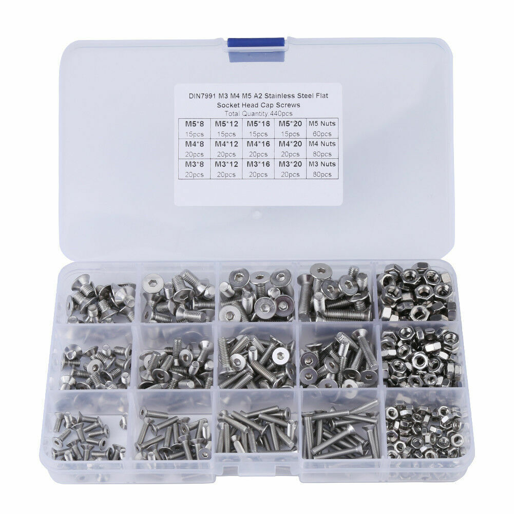 440pc M3 M4 M5 Stainles Steel Hex Socket Flat Head Screw Bolts Nuts kit Durable