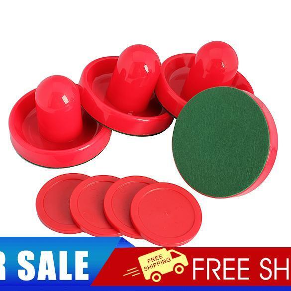 4Pcs Air Hockey Table Goalies with 4pcs Puck Felt Pusher Mallet Grip Red