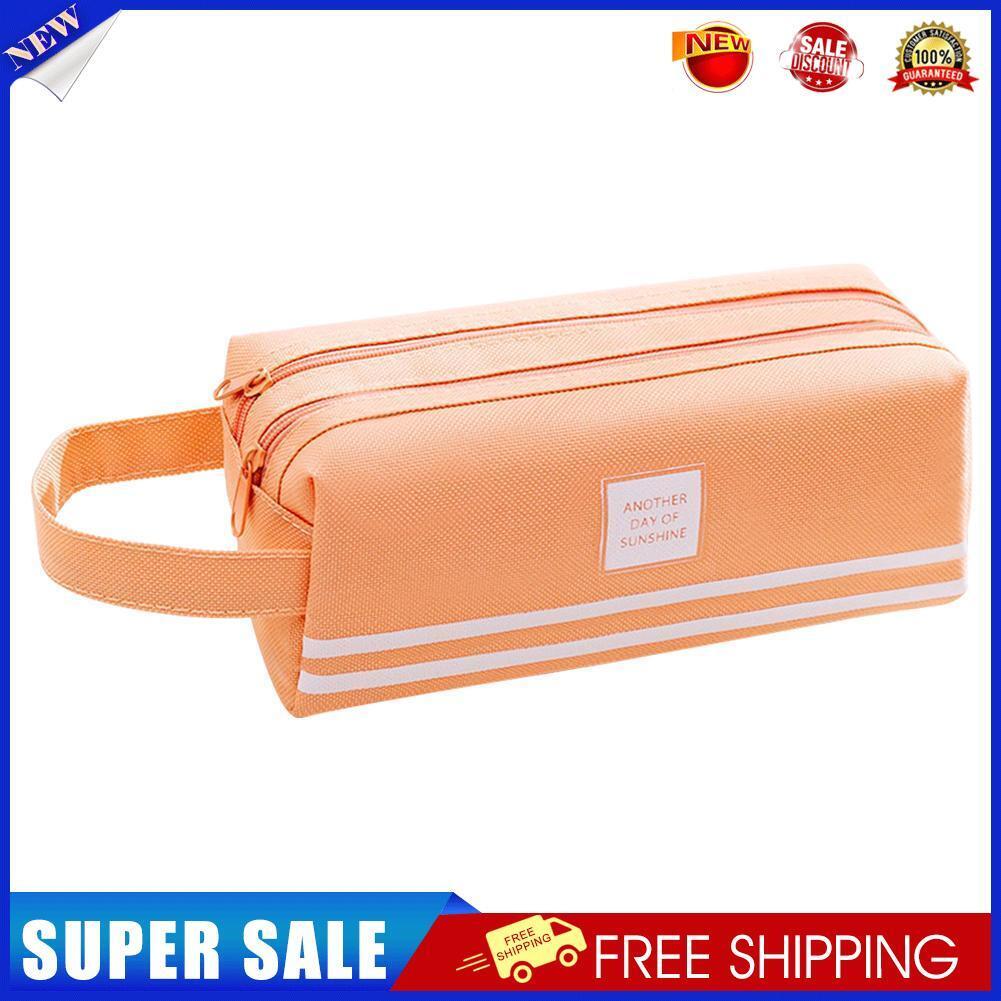 Simple Color Canvas Pencil Case Large Capacity Zipper Stationery (Pink)