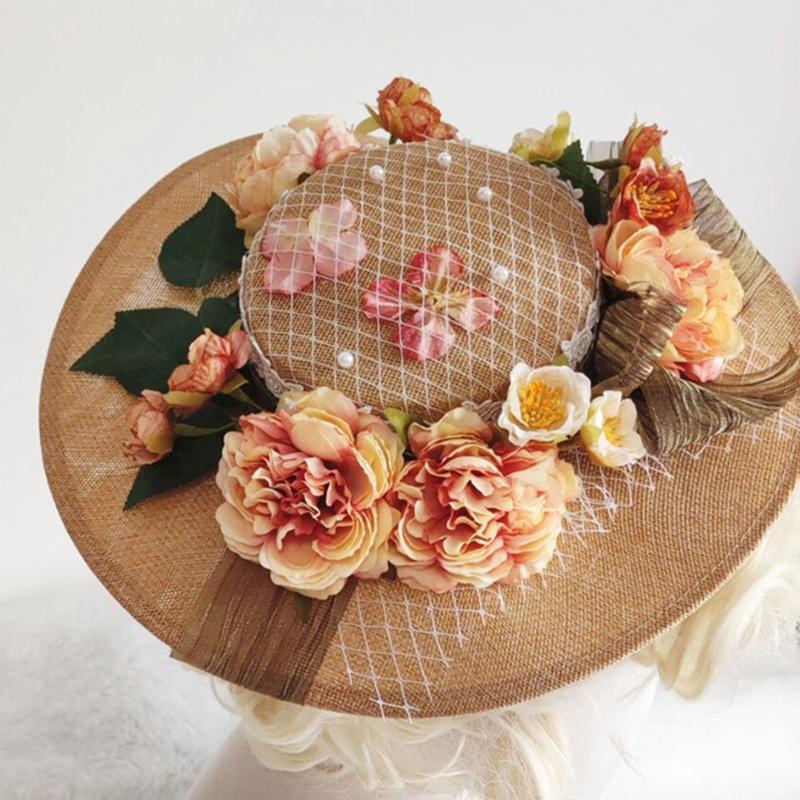 Summer Women Lolita Hat Leisure Hat Outdoor Sunscreen Sunshade Flower Flat Hat