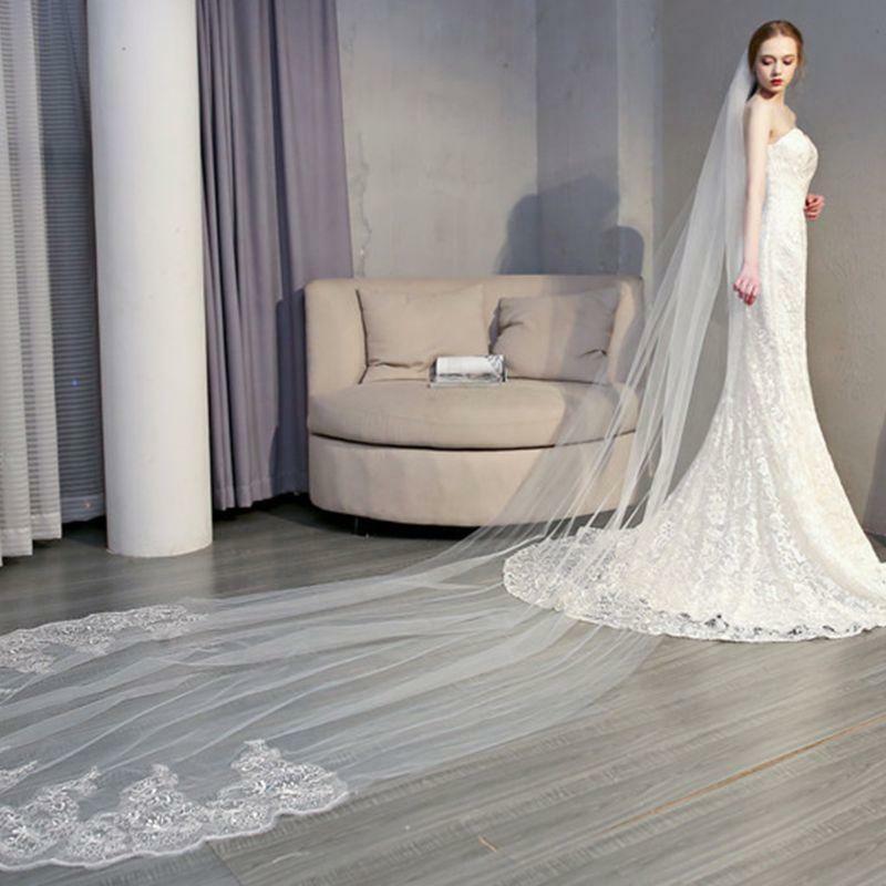 4M One-Layer Women Trailing Cathedral Long Wedding Veil Embroidered Floral Lace