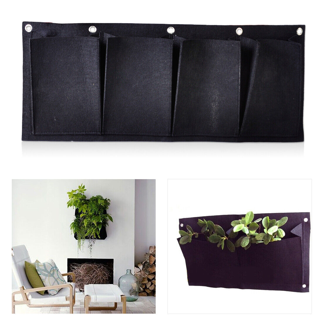 4 Pocket Black Horizontal Planter Bag Indoor Outdoor Hang Balcony Herb Garden Li