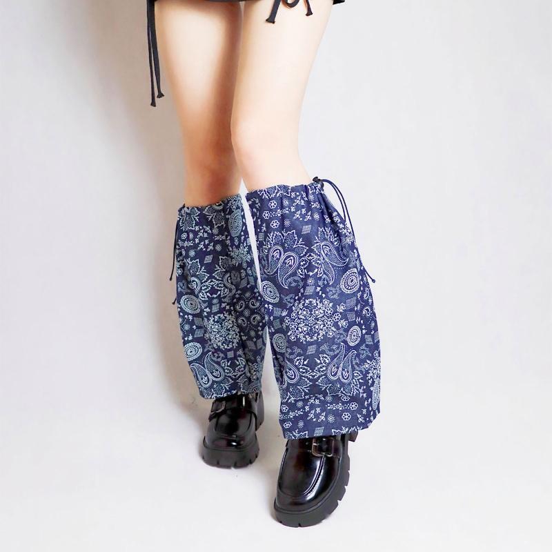 Women Gothic Drawstring Denim Leg Warmer Paisley Floral Loose Foot Cover Socks