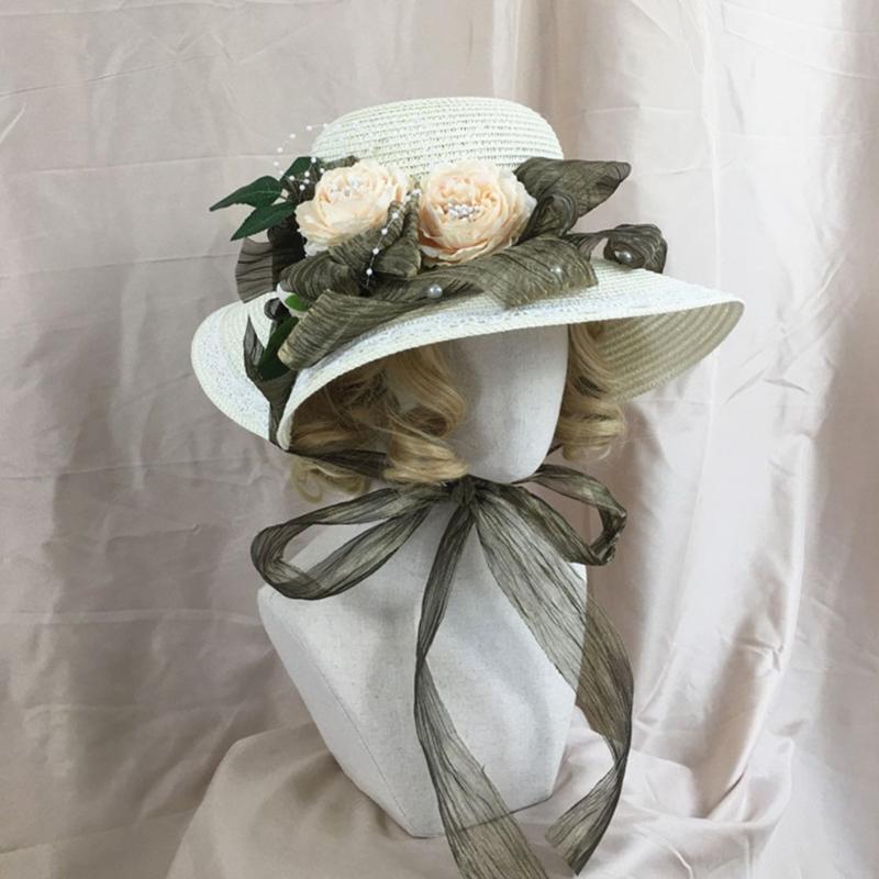 Lace Breathable Straw Hat Flower Rose Ribbon Caps with Wide Edge for Womens Girl
