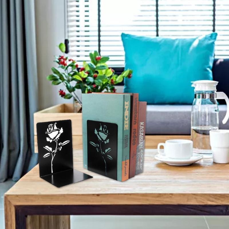 Decorative Rose Bookends for Heavy Books Anti-Slip Metal Book Stoppers Holders f