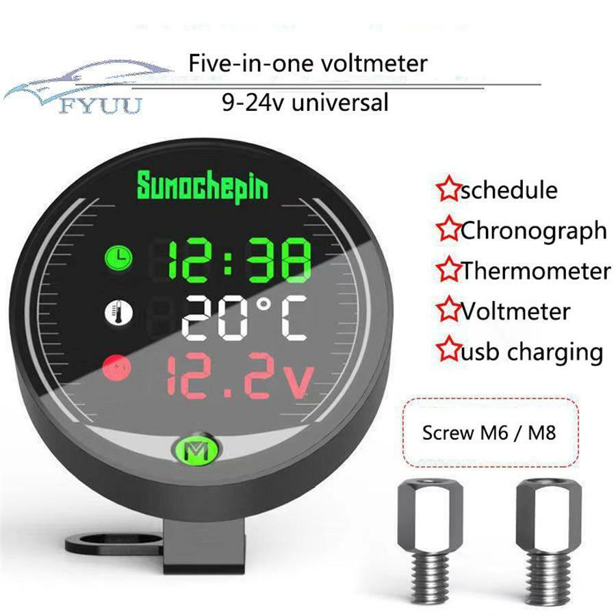 Motorcycle USB Charger Voltmeter Display Table LED Volt Meter Clock Thermometer
