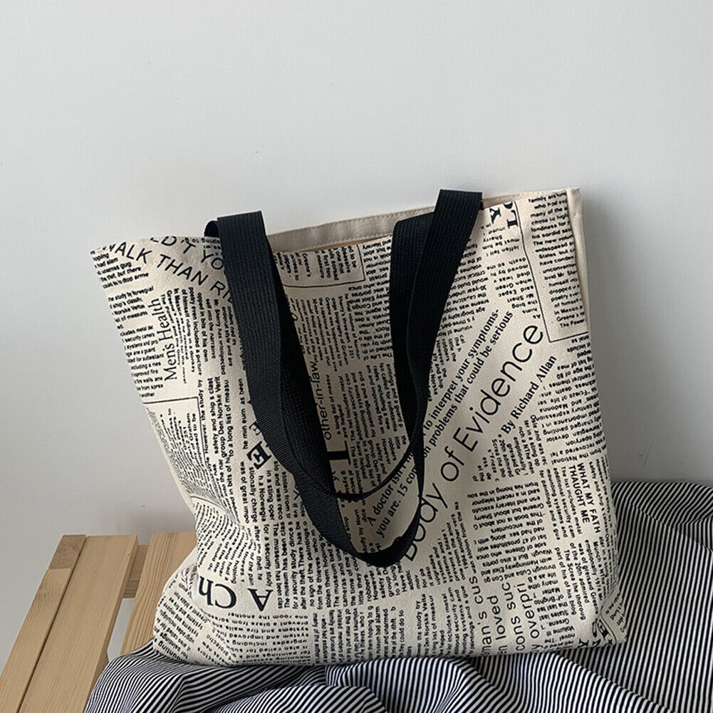 Women Canvas Newspaper Print Shoulder Shopping Bags Large Tote Handbags