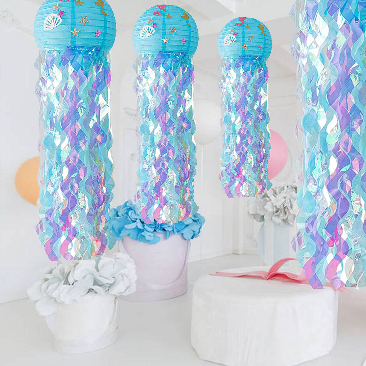 Mermaid Wishes Jellyfish Hanging Paper Lanterns Birthday Decorations (Blue)