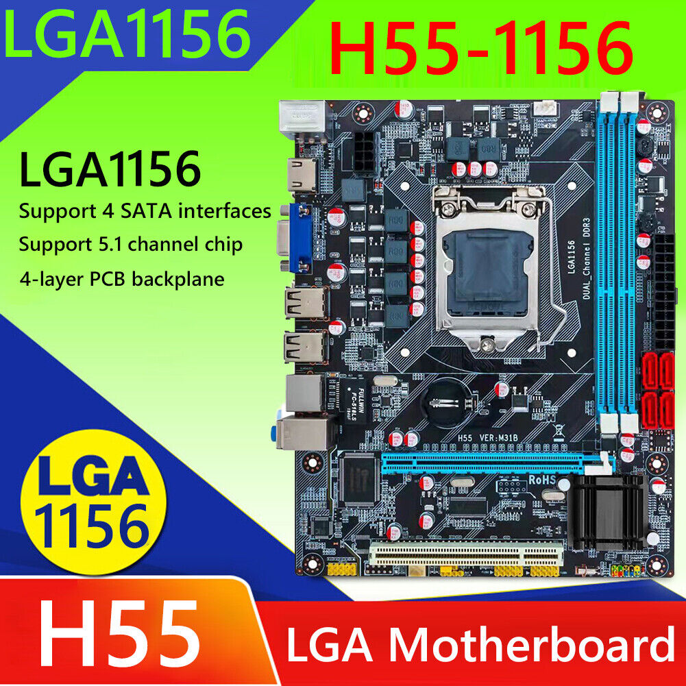 Computer H55 Motherboard SATA USB2.0 DDR3 for LGA 1156/i3/i5/i7 Game Board
