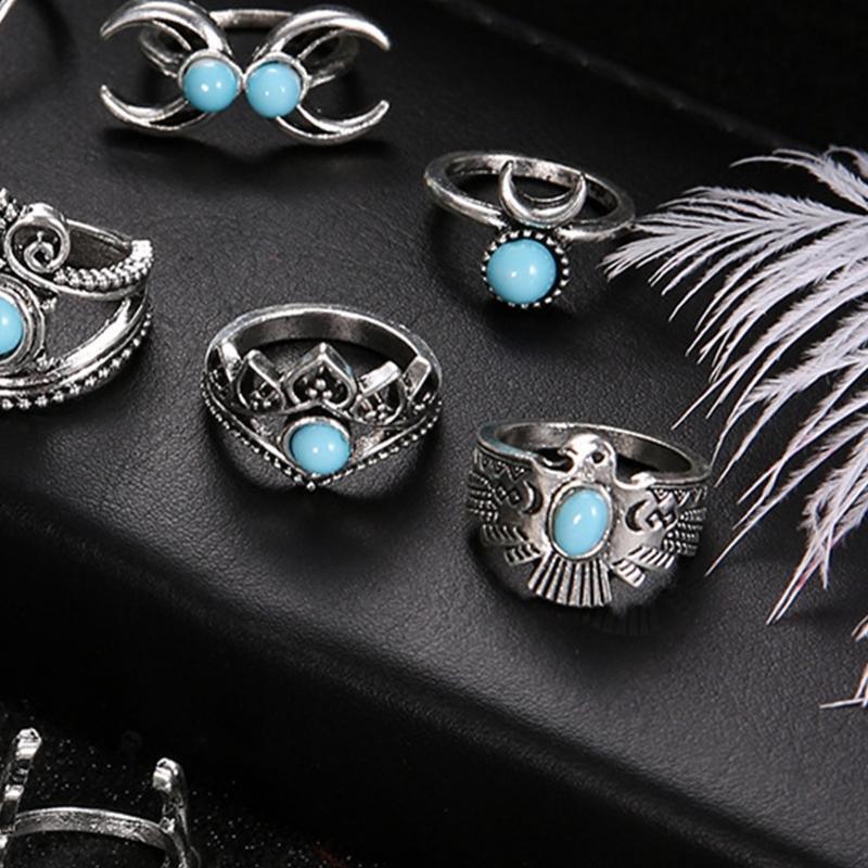 11Pieces Exquisite Women Ring Blue Oval Cut Fire Opal Diamond Band Rings Jewelry