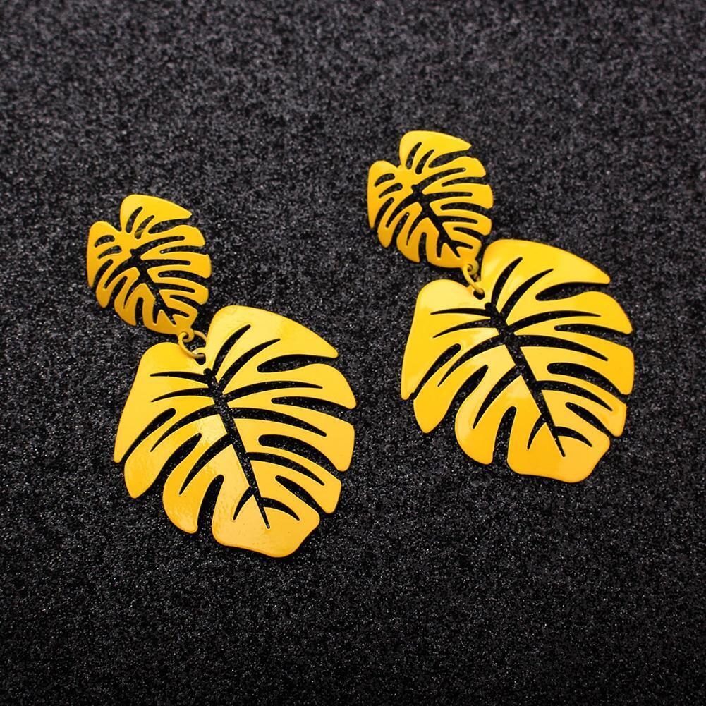 Hollowed Leaf Dangle Ear Stud Elegant Women Drop Earrings Jewelry (Yellow)