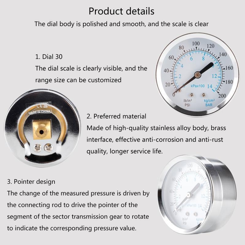 Portable Pressure Gauge 1/8-inch Thread Brass Pressure Meter Air Pressure Gauge