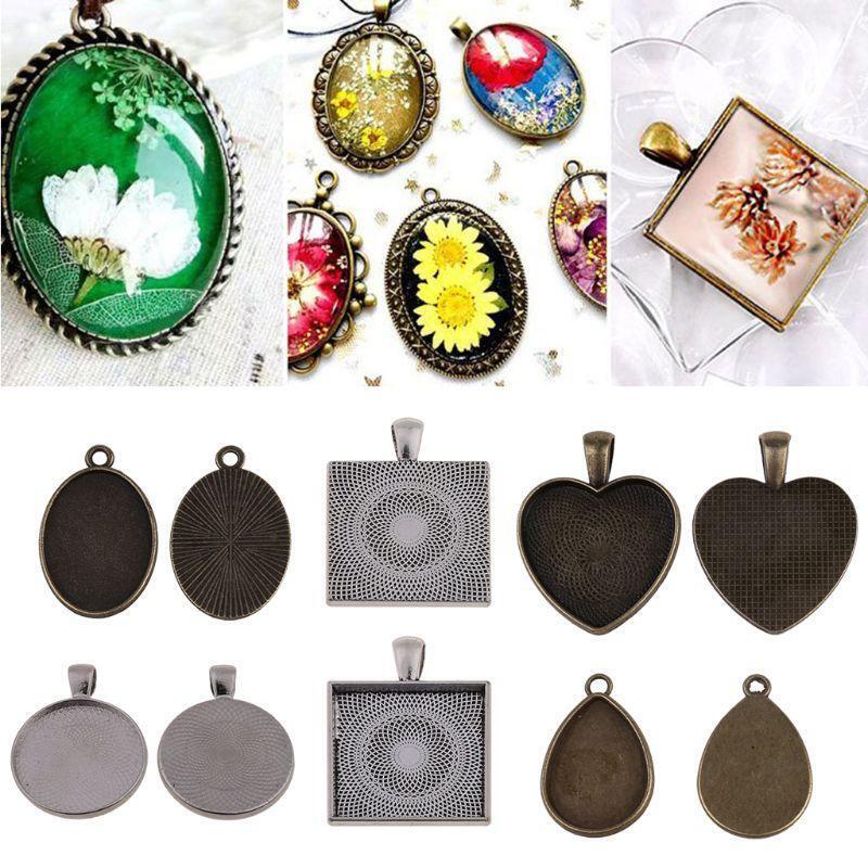 60Pcs Photo Bezel Pendant Tray 5 Shapes Glass Cabochon Settings Jewelry Making