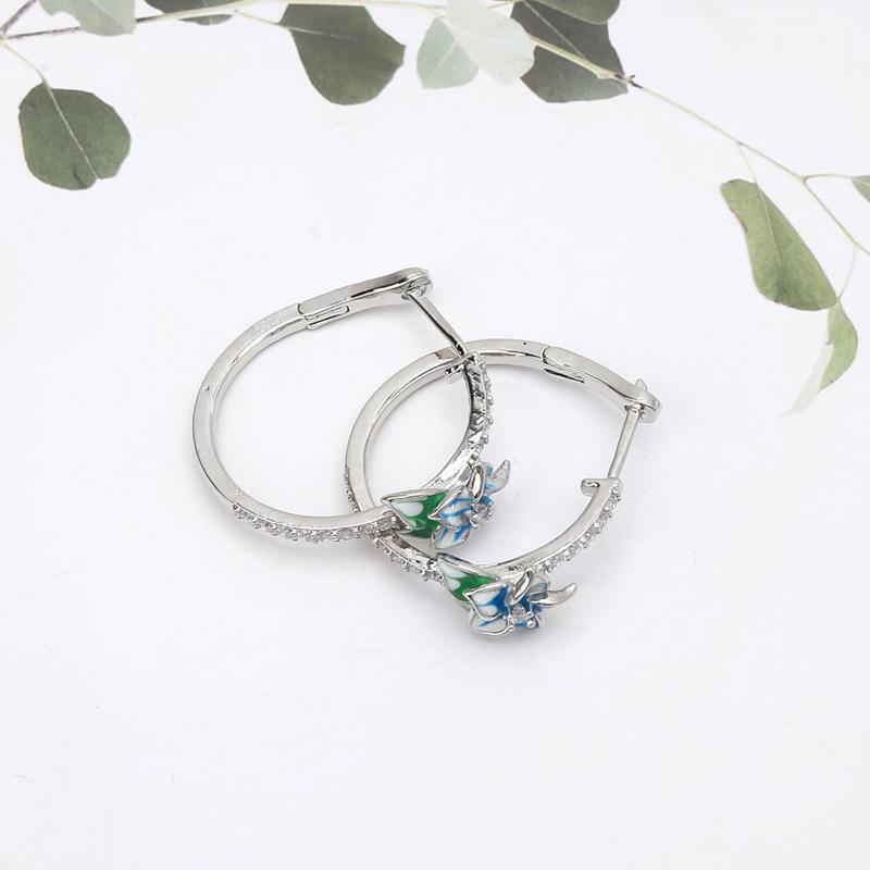 Enamel Floral Zircon  Blue Blooming Flower Hoop Earrings Women Fashion Jewerly