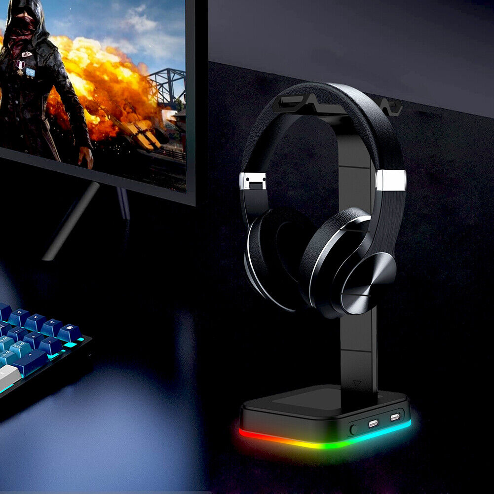RGB Headphones Display Stand w/ 2 USB Charging Ports Gamer Earphone Holder