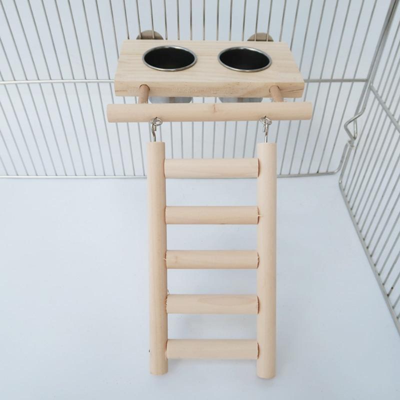Parrot Feeding Bowls 2Pcs Stainless Steel Cups with Wood Platform and Ladder
