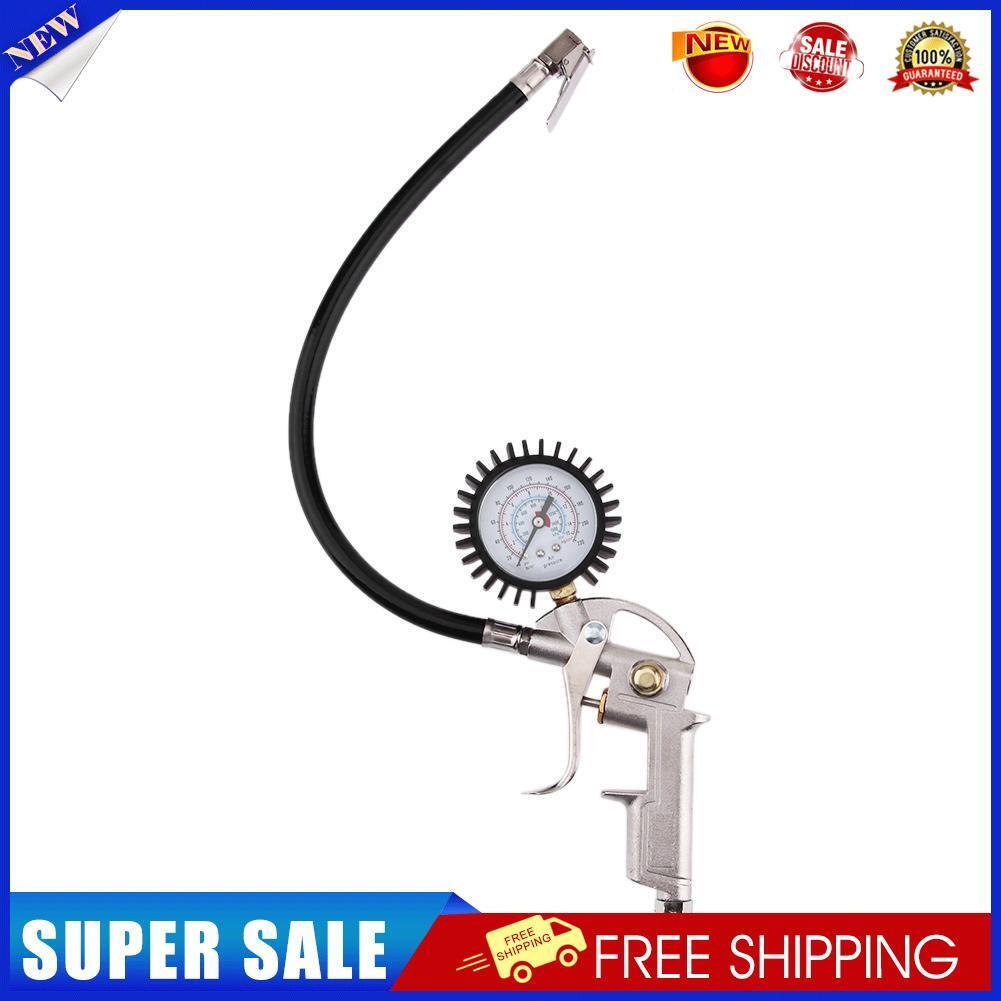 Lock On Chuck Flexible Hose Tire Inflator with Air Pressure Gauge Pistol