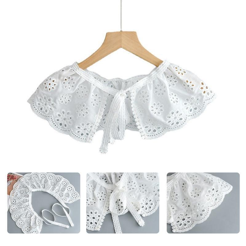 Women Embroidery Lotus Root Pattern Faux Collar Pleated Shawl Lace-Up Cape Scarf