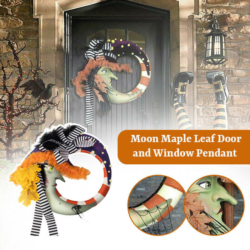 1pcs Halloween Wreath Outdoor Moon Maple Leaf Pendant Decor Door Hanging Wreath