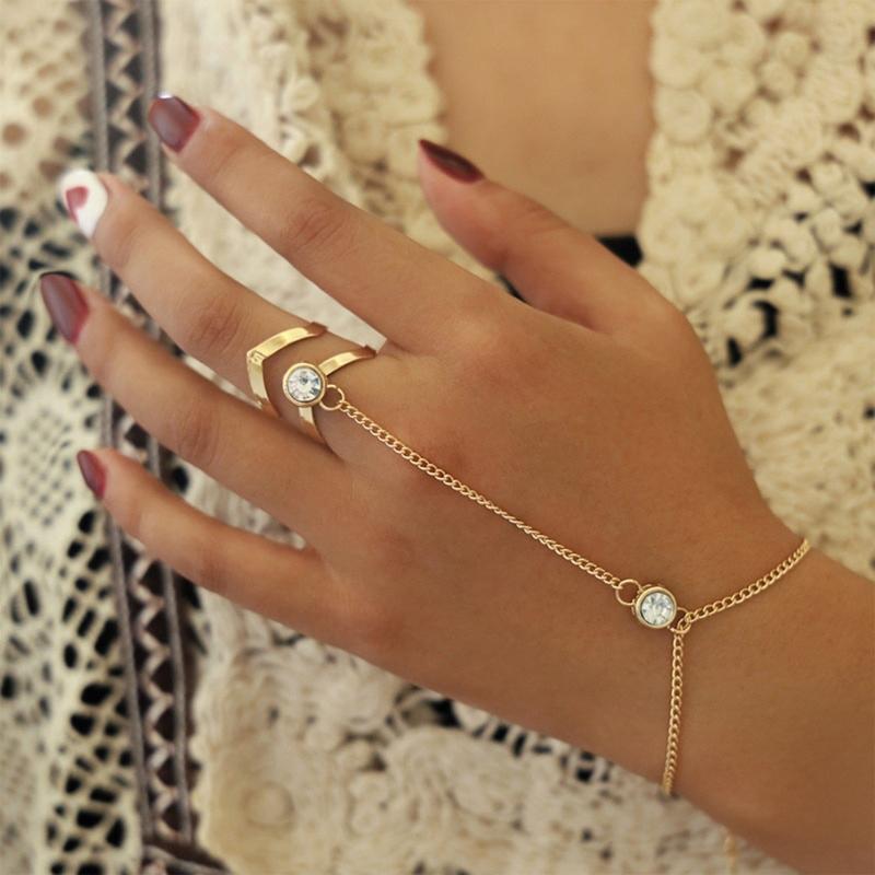 Geometric Bracelet Adjustable Chain Rhinestone Alloy Ring Bracelet for Women