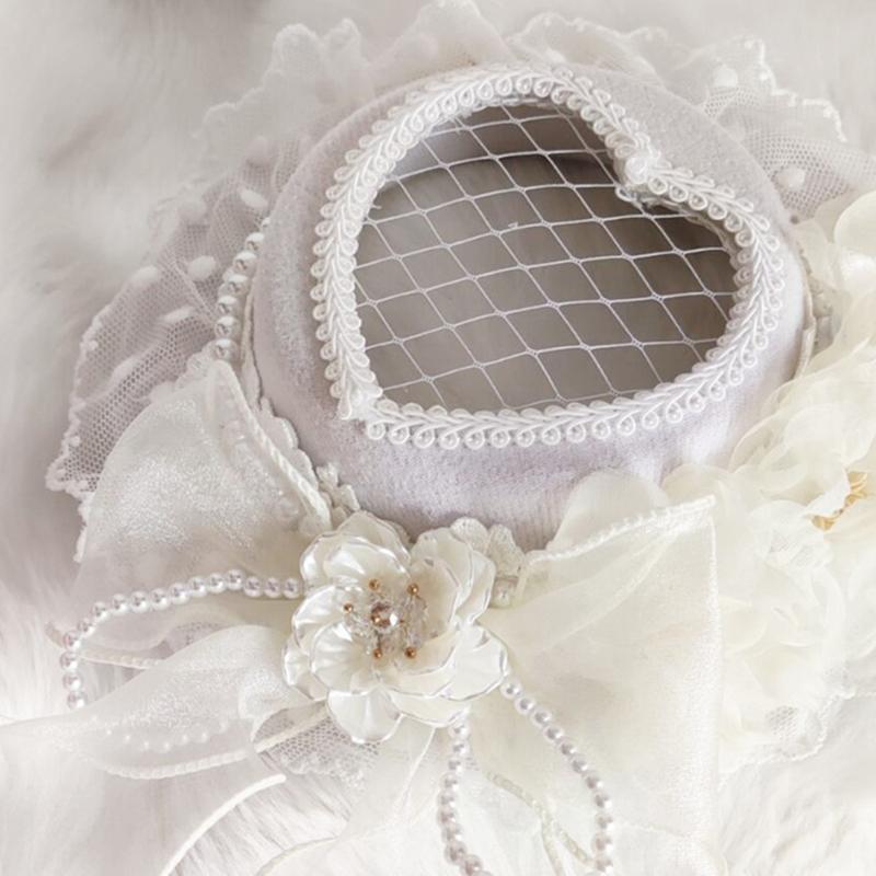 Ribbon Bows Top Hat for Women Lolita Floral Lace Headdress Tea Party Headwear