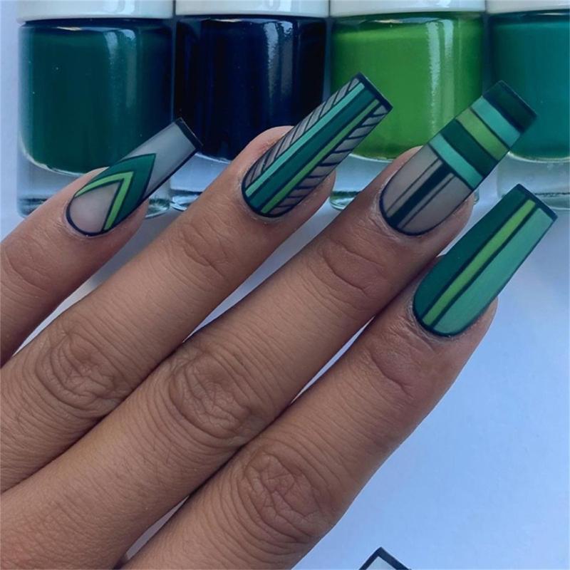 Green Plaid Press On Nail Ballerina Matte Press On Nails for Girls French Tip