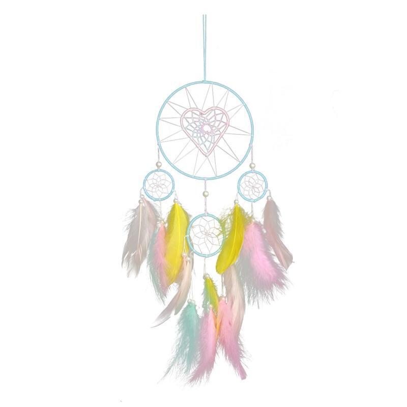 Woven Heart 5 Rings Dream Catcher with Colorful Feather Wall Hanging Ornament