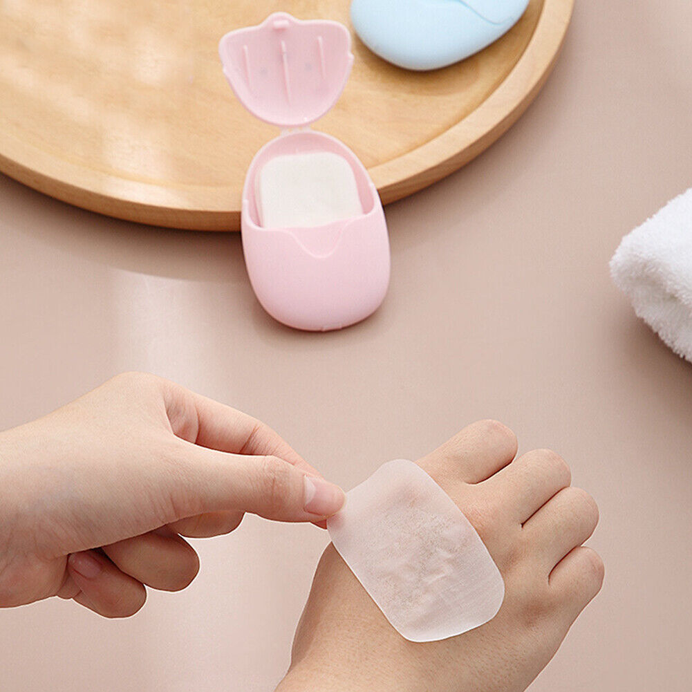 50pcs Disposable Boxed Paper Soap Portable Hand Washing Soap Slice (Pink)
