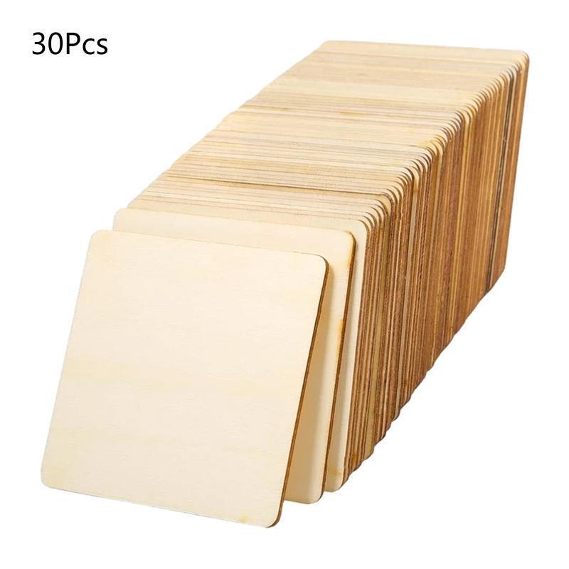 30Pcs Unfinished Wood Squares Blank Pieces Cutouts Wooden Slices for DIY Craft