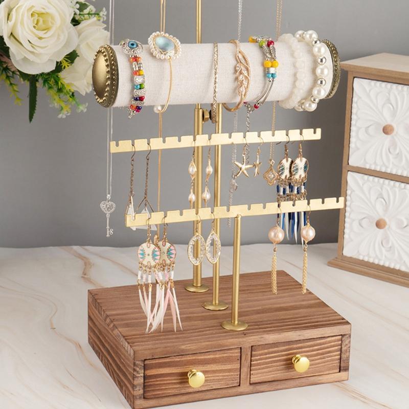 Jewelry Organizer Wooden Jewelry Drawer Storage Box 4 Tier Jewelry Tree Stand
