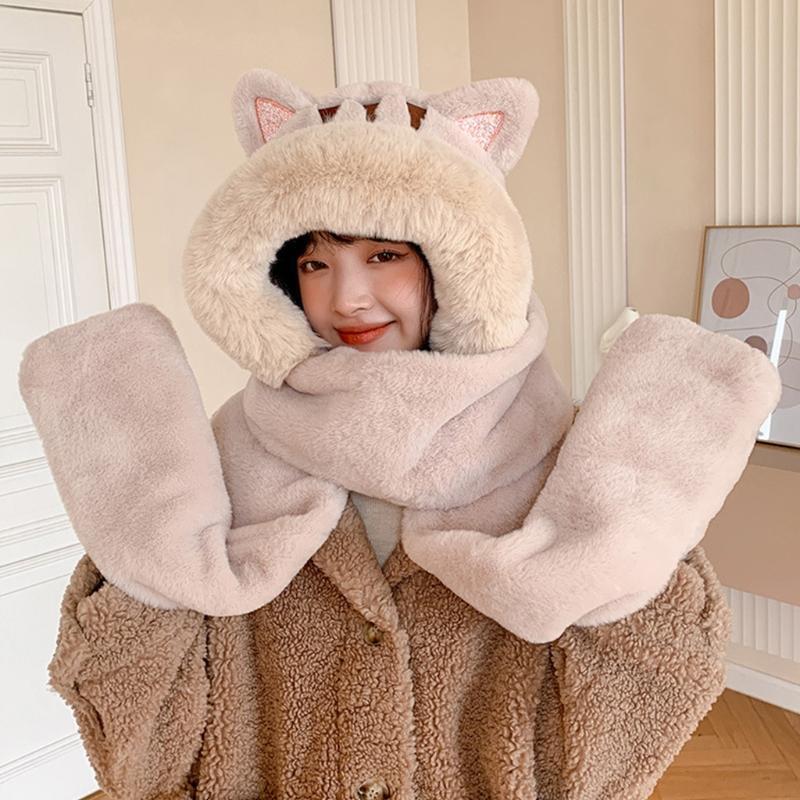One Piece Scarf Plush Scarf Hooded Hat Winter Hat Scarf Gloves Set Fleece Warm