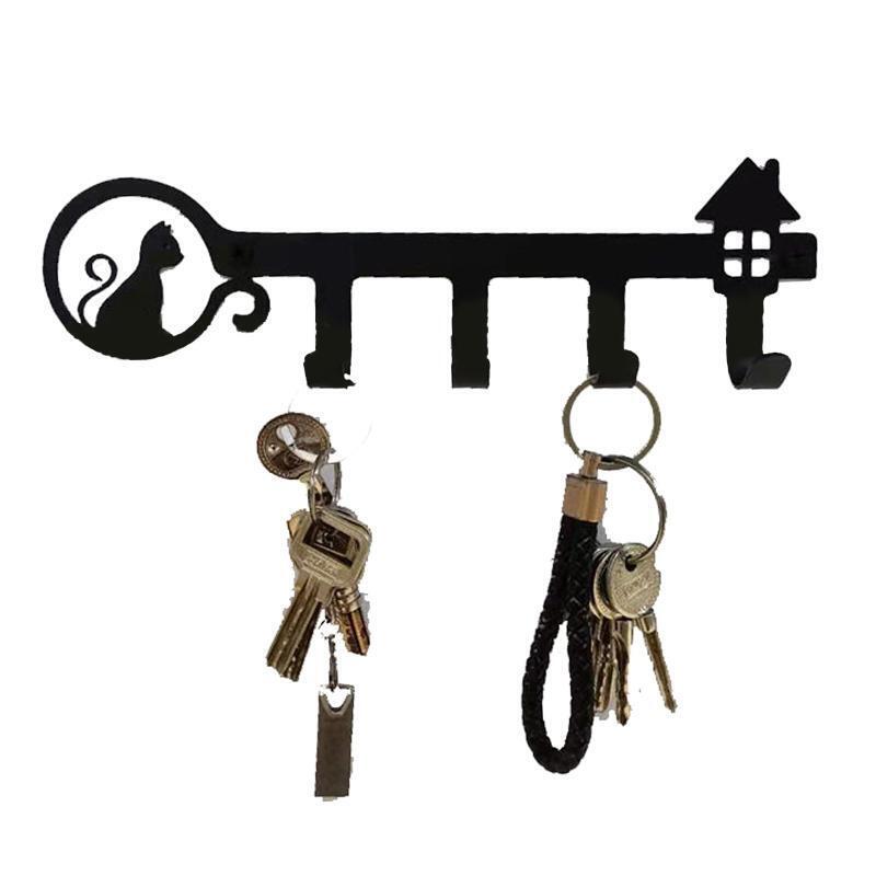 Black Metal Art Cat Household Punching Wall Hook Storage Hanger