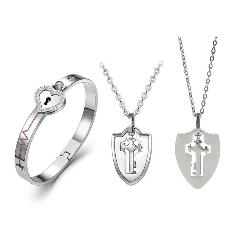 Couple Lovers Puzzle Titanium Steel Love Heart Lock Bangle Key Pendant Necklace