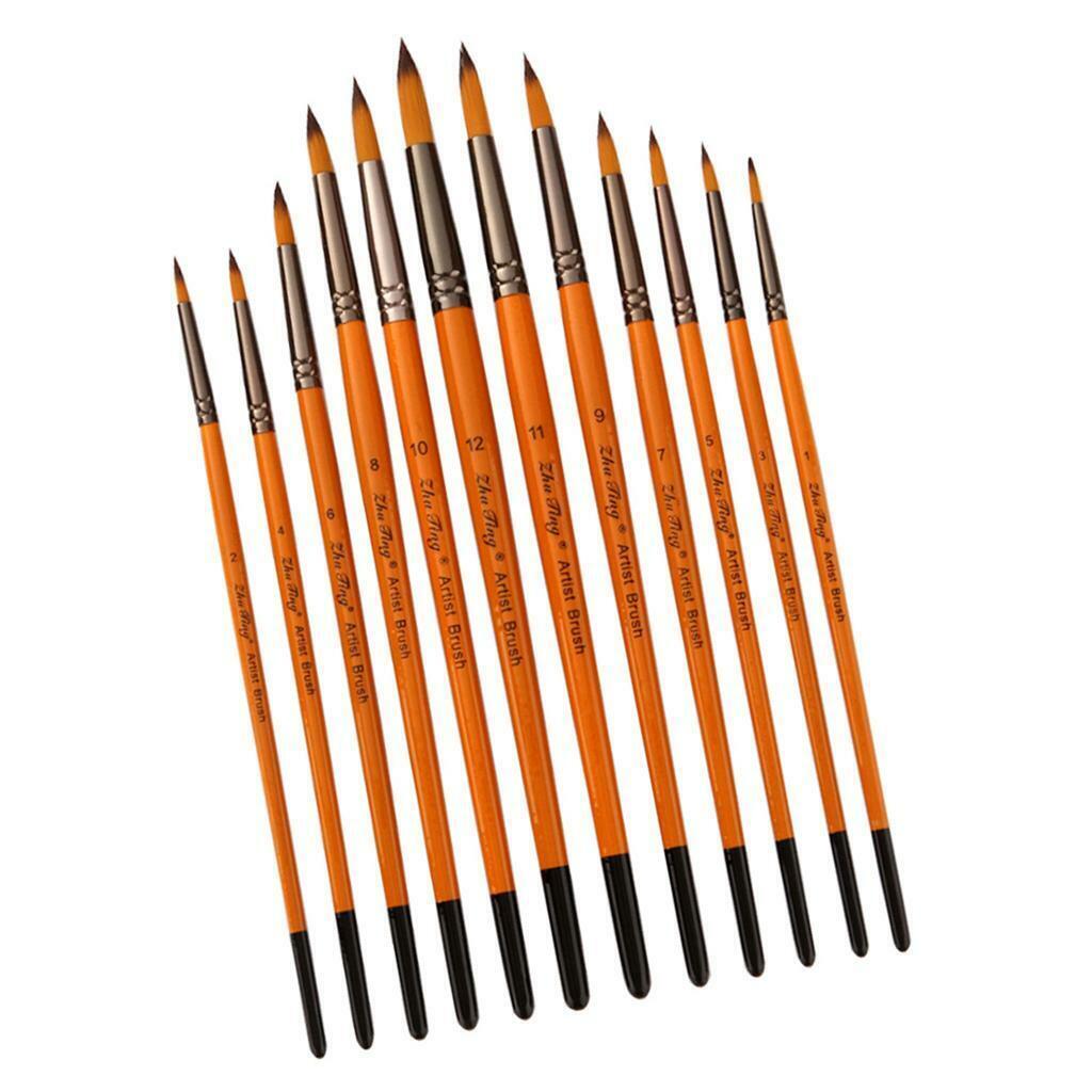 12Pcs Painting Brushes Set  Watercolour Oil Paint Round Pointed Tip