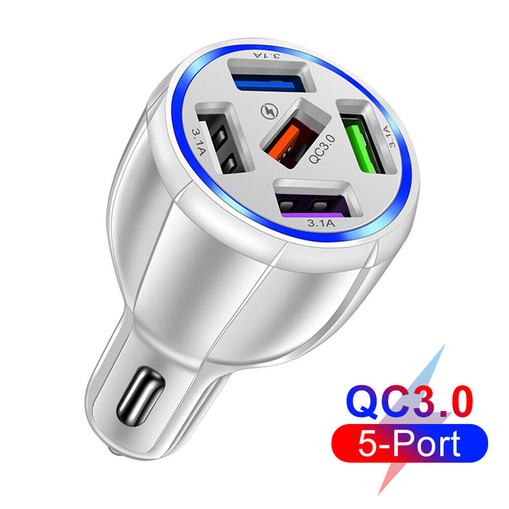 5USB QC3.0 Car Charger 3.1A Multi Ports Phone Fast Quick Charging (White)