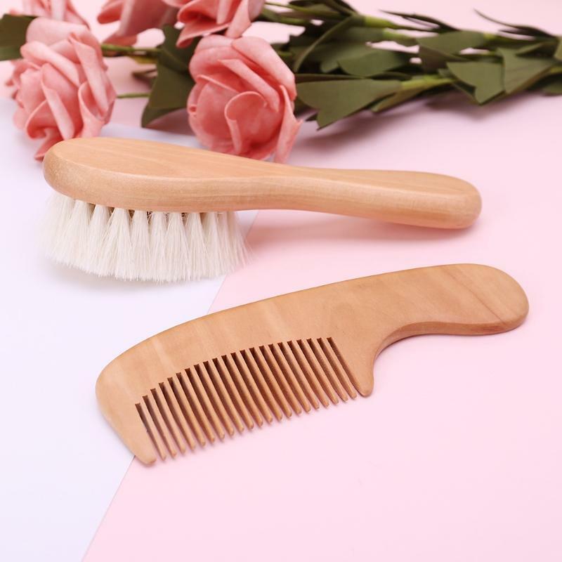 1 Set Baby Brush Comb Hair Head Massage Wooden Handle Wool Newborn Kids Care Kit
