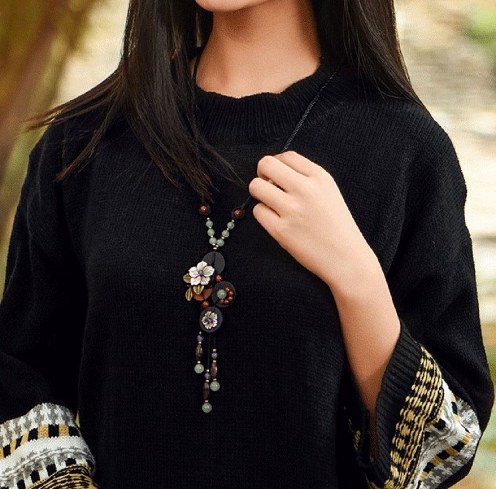 Handmade Long pendants Ethnic exotic necklace wooden necklace Shell flowers