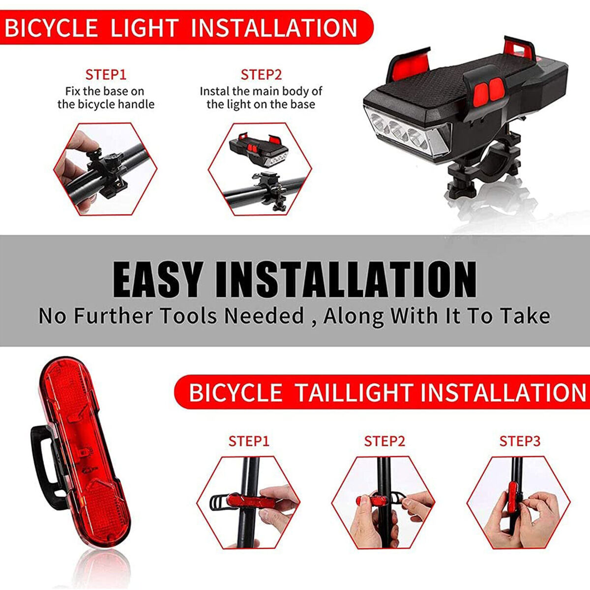 Bicycle LED Light Set with Phone Rack & Horn Alert & Power Bank Waterproof