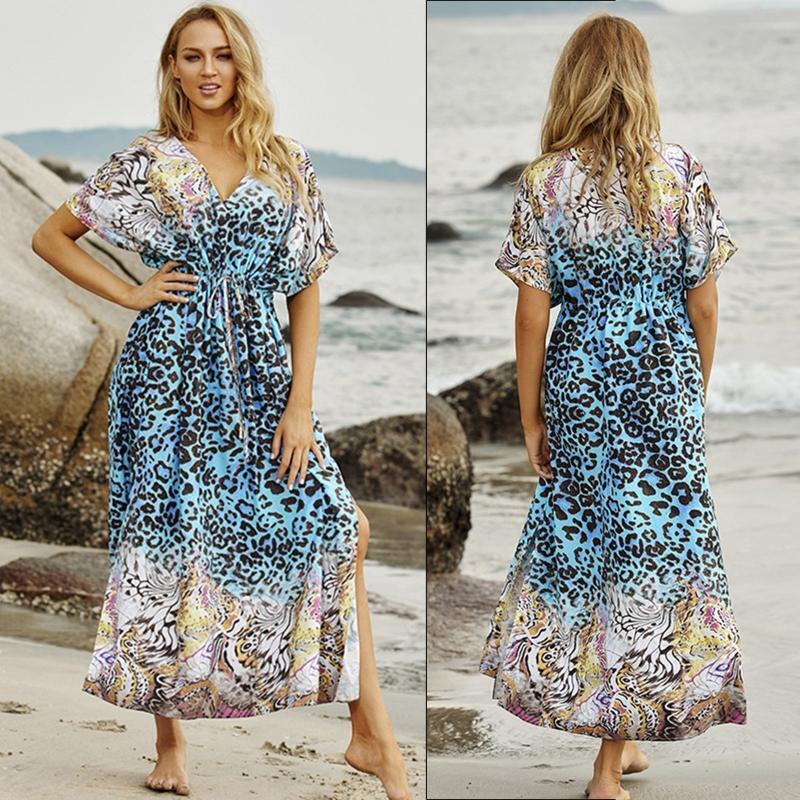 Women Beach Boho Leopard Print Long Bikini Cover Up Batwing Sleeve Suit Coverup