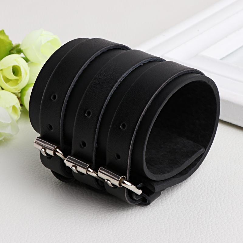 260x60mm 3 Strand Triple Strap Faux Leather Cuff Wrap Wtistband Bracelet Punk
