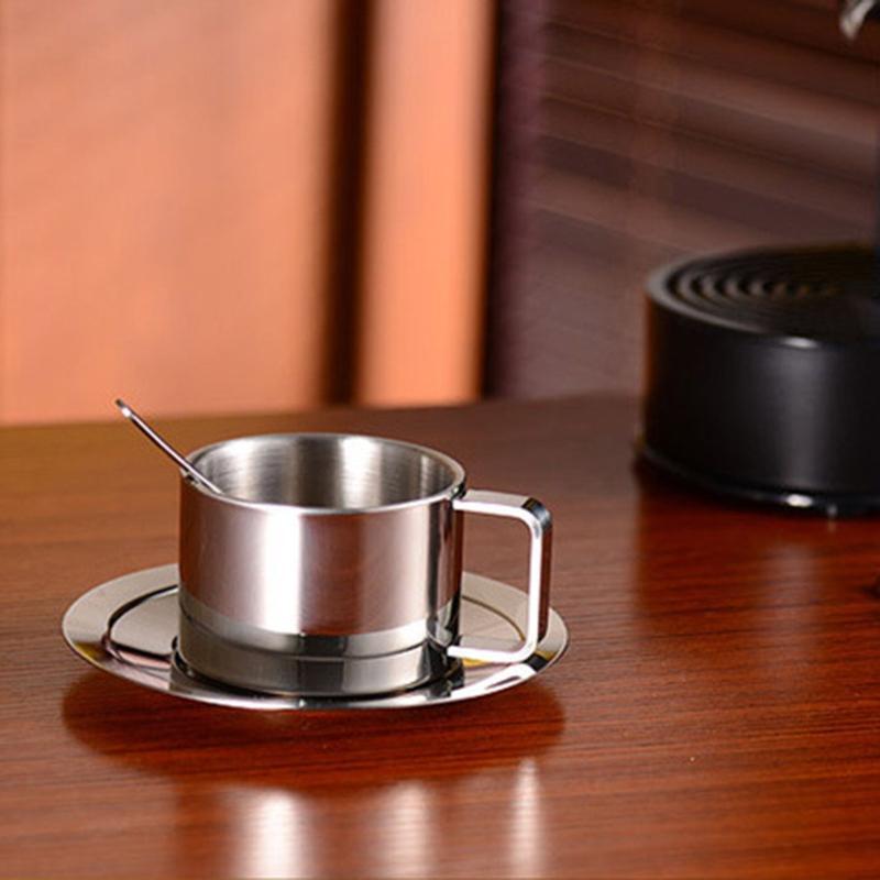 Stainless Steel Coffee Cup Set Double Walled Coffee Mugs with Saucer and Spoon