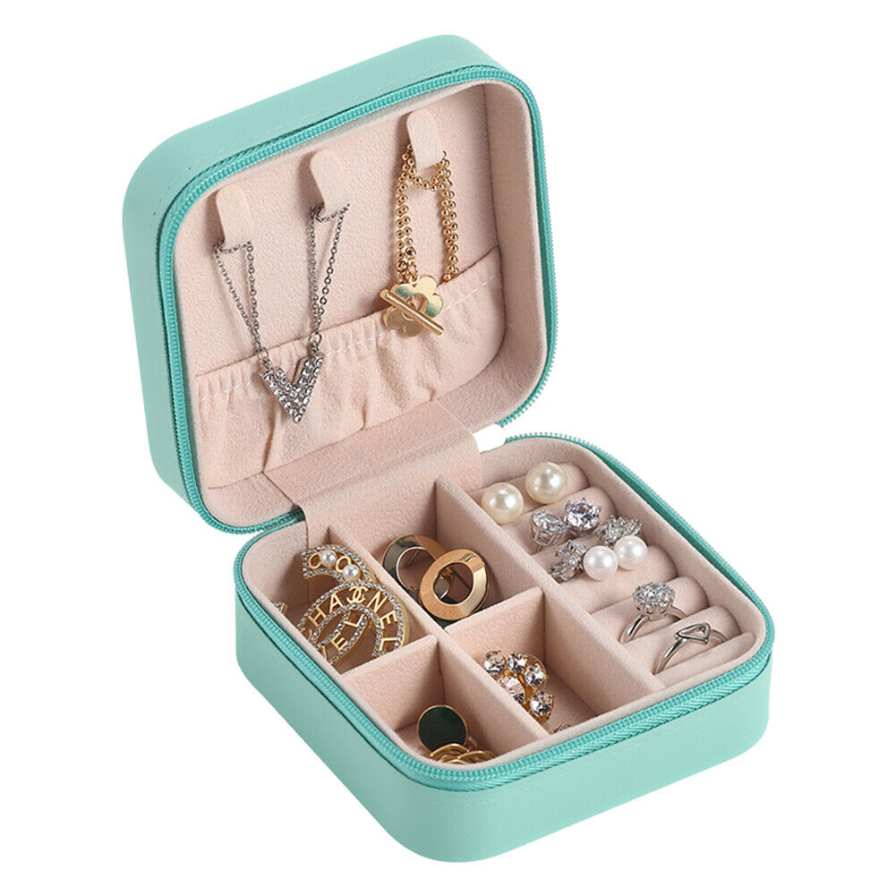 Portable Zipper Jewelry Case Travel Ring Holder Earrings Box (Sky Blue)