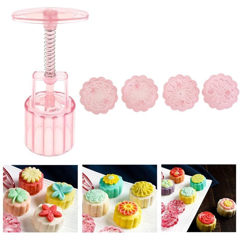 50g Snowy Moon Cake Mold 4 Stamps Barrel Mooncake Hand Pressure Biscuits Pastry