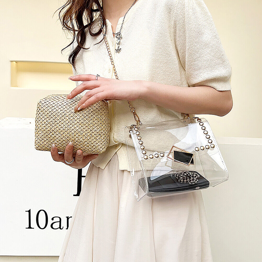Woven Straw Shoulder Bag Rivet Purse Clear PVC Women Travel Messenger Bags