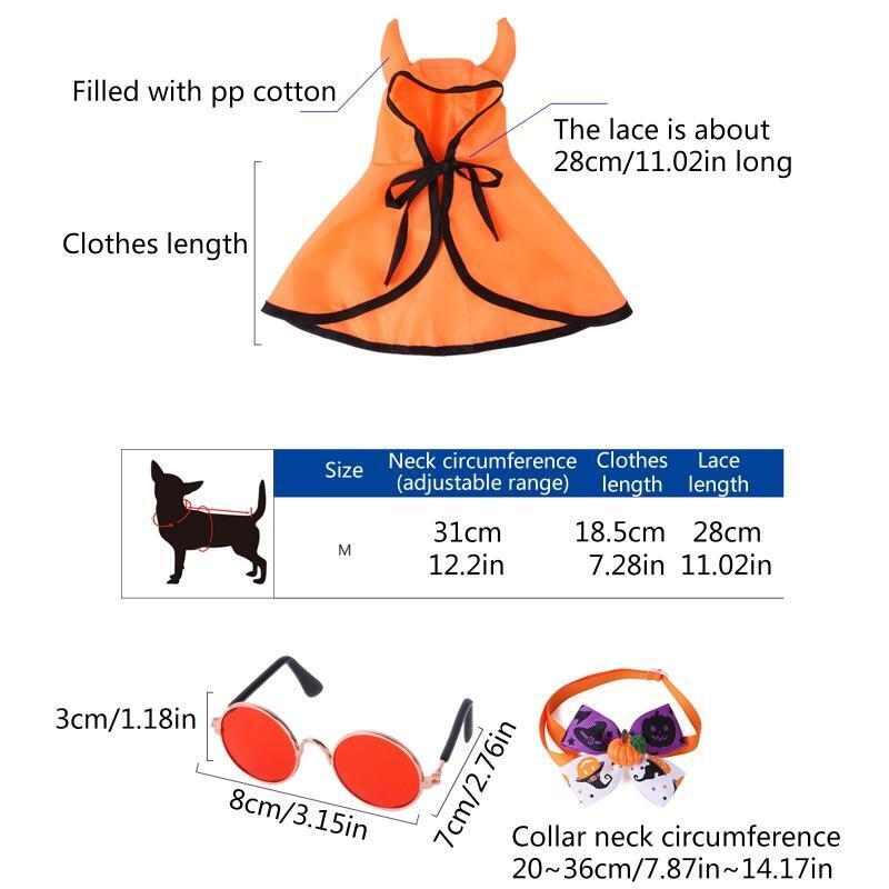 Pet Halloween Costume 3Pcs Set Adjustable Orange Cloak Cute Horns Design