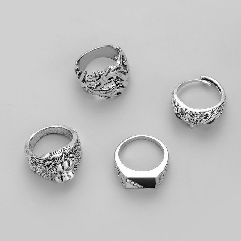 4Pcs Men's Punk Rings Gifts Hip Hop Cross Owl Rings Exaggerated Street Rings
