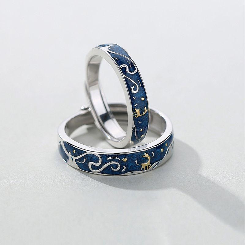1 Pair Starry Sky Reindeer Ring Adjustable Couple Rings for Street Shooting